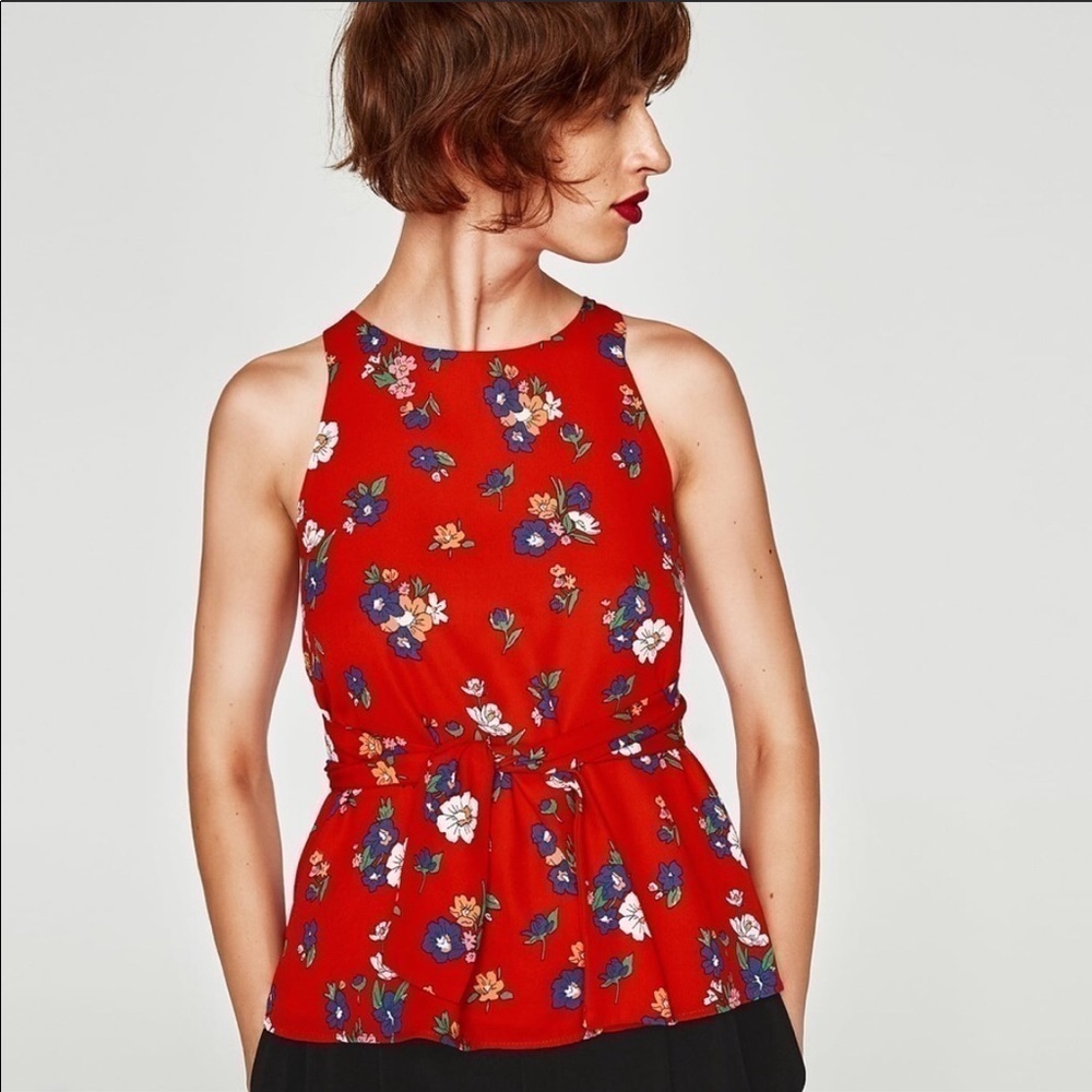 Zara Blouse Open Back Tie Back Sleeveless Floral Red S